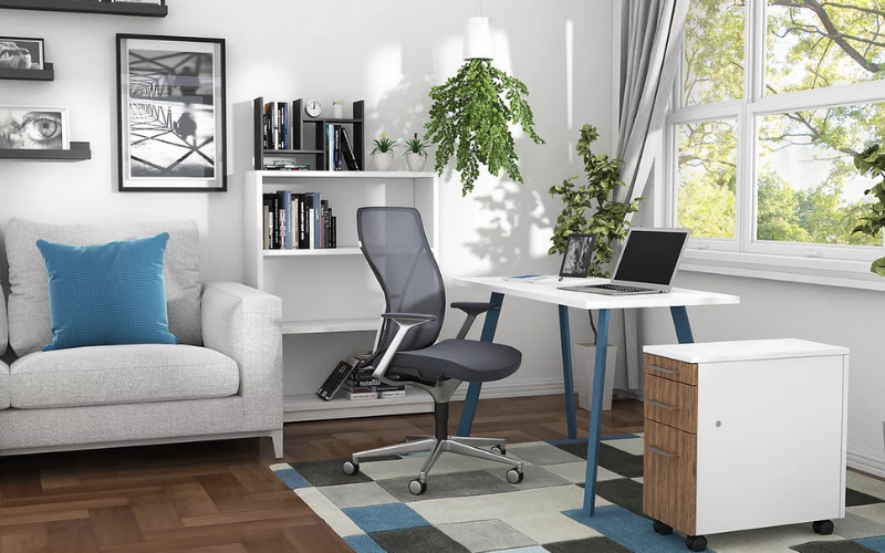 Home Office with desk with blue legs