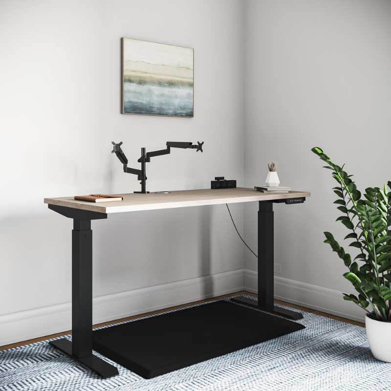Dual monitor arm and anti-fatigue mat with height adjustable desk