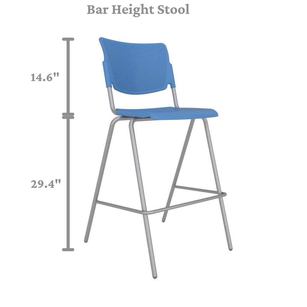 Bar height stool with dimensions. 29.4" from floor to seat. 14.6" from seat to top of chair.