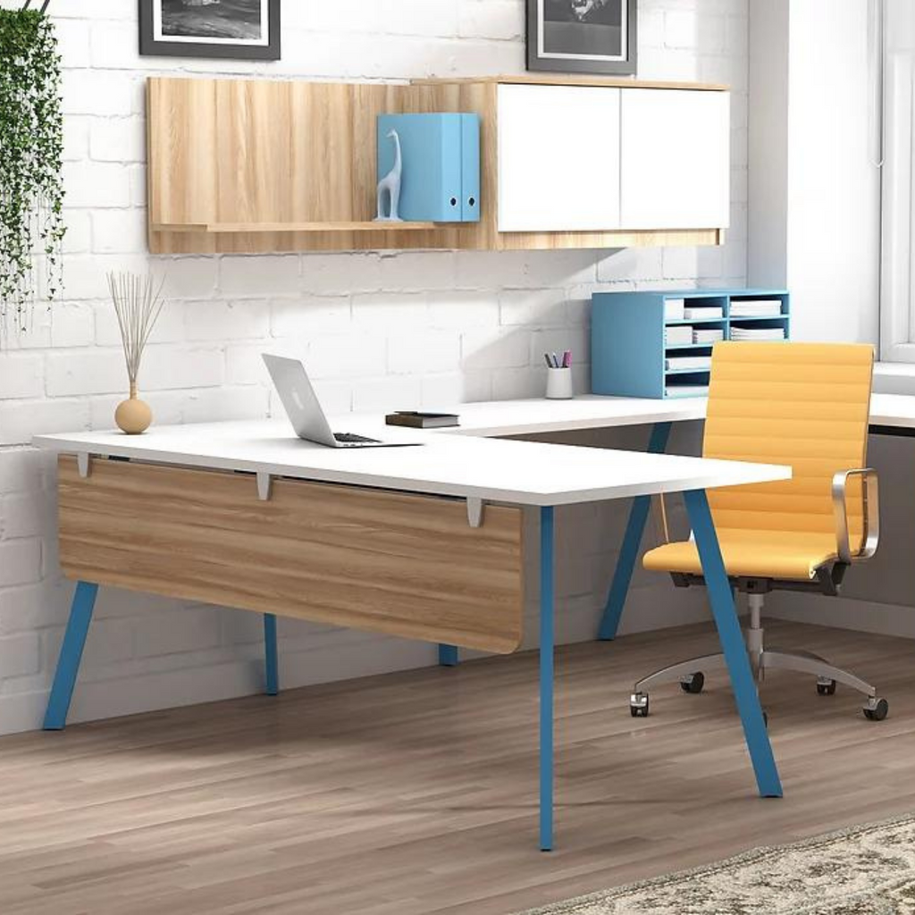 Modern L Office Desks - White Top, Blue Legs, Desert Walnut Modesty