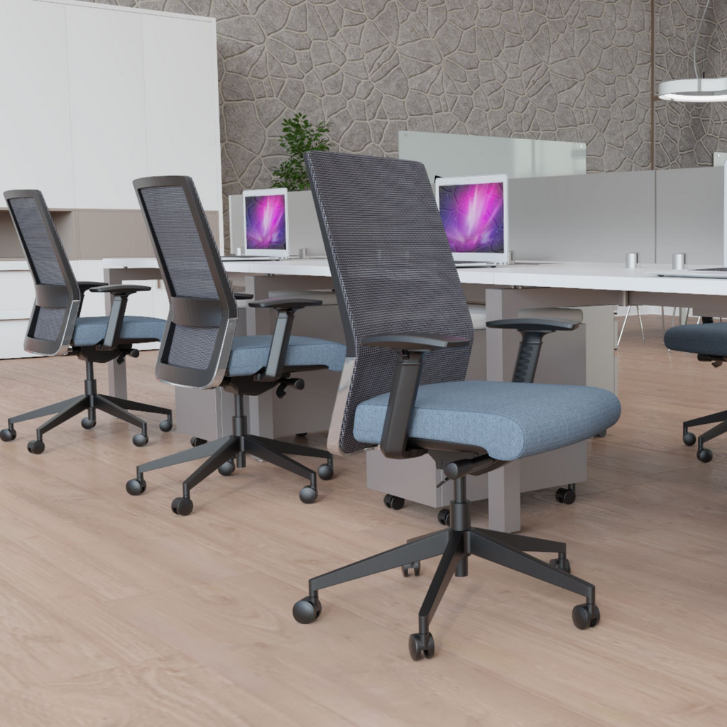 Hybrid work chairs with blue seat covering
