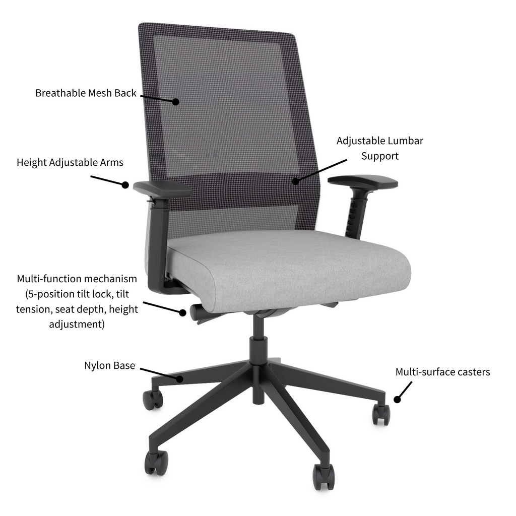 Hybrid Work chair with functionality detail. Stone colored seat cushion.
