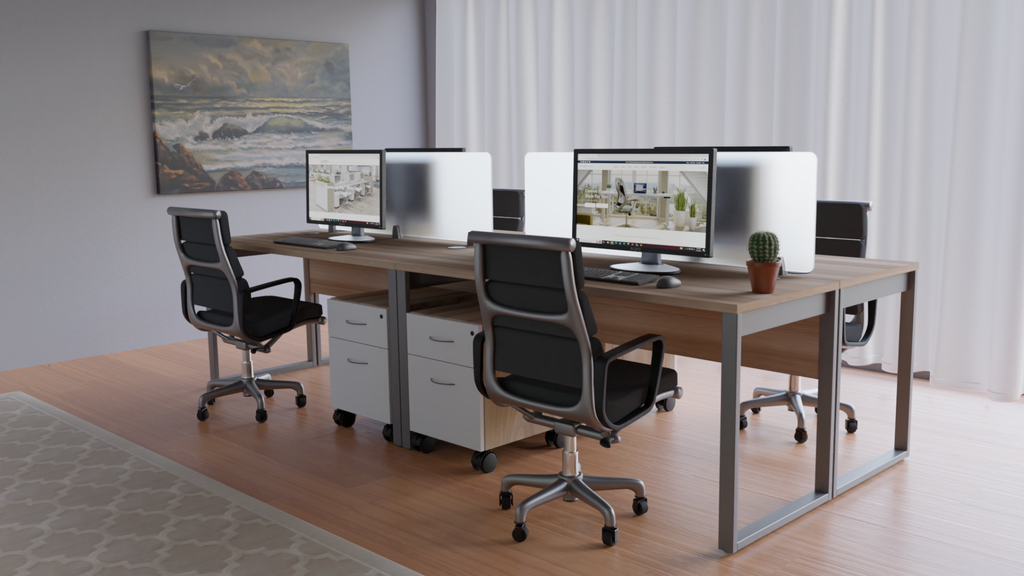 Four person office desk with pedestals and privacy screens