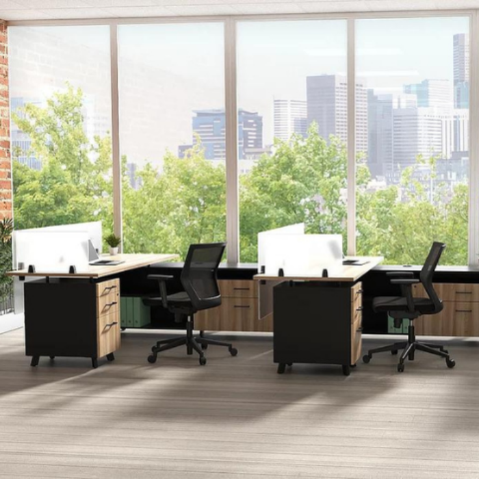 Team Office Desks. Black Office Chair. Desert Walnut and Black Pedestal with Desert Walnut Desk