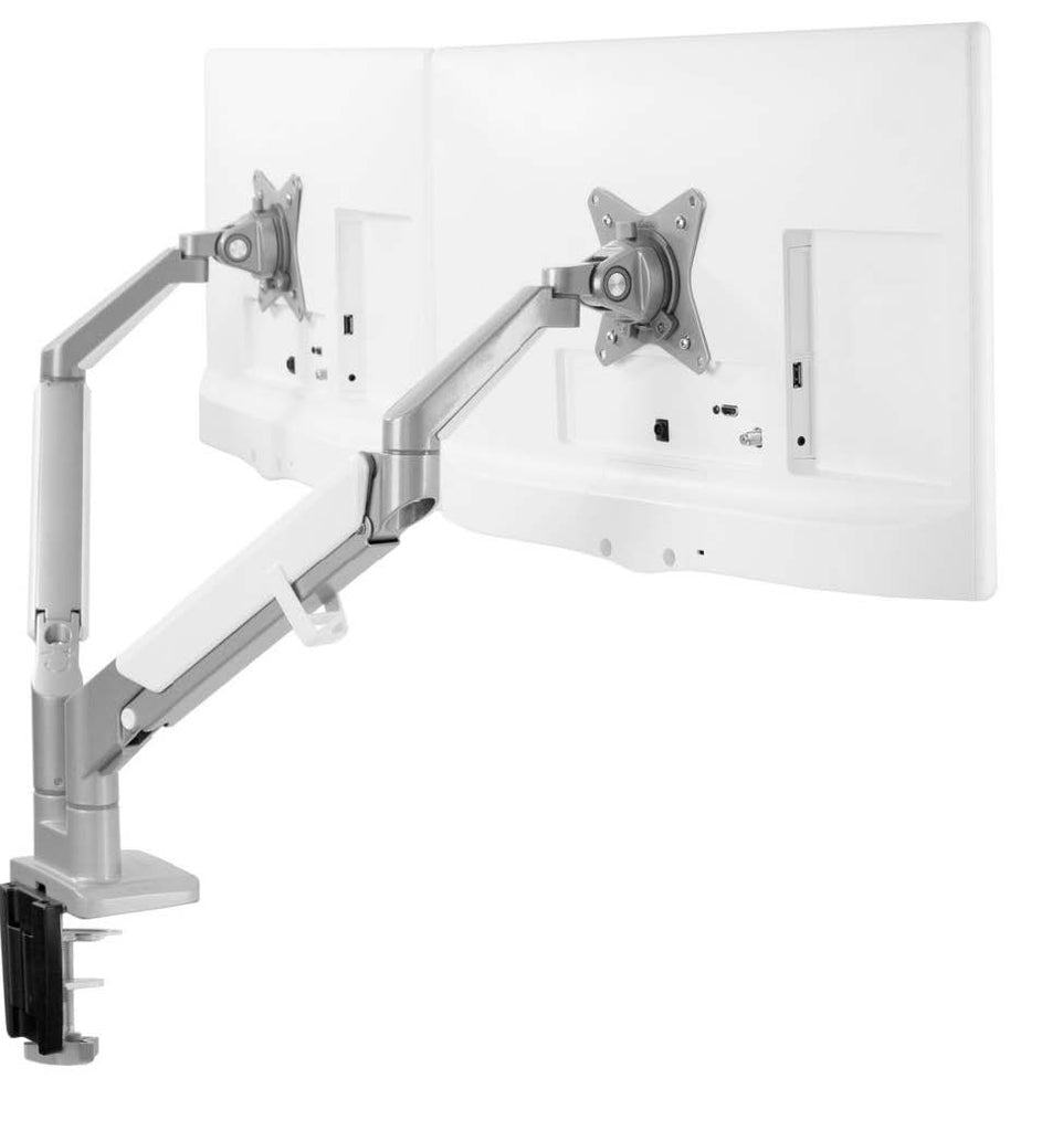 White dual monitor arms with silver stem