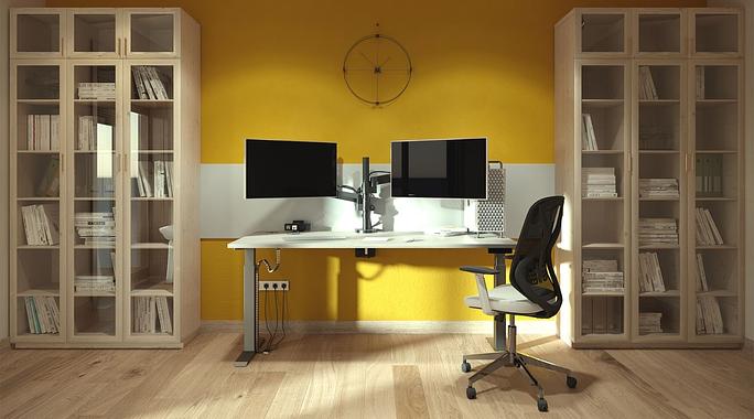 Ergonomic office desk with dual monitor setup