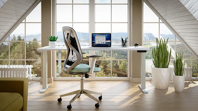 A long home office desk with a blue office chair