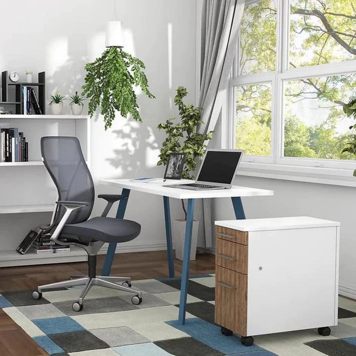A modern white office desk in a home office