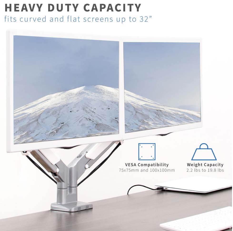 white dual monitor arms on desk diagramming capacity